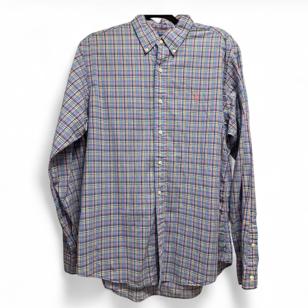 RALPH LAUREN Men’s Checkered Button-down. Blue, Large Custom Fit